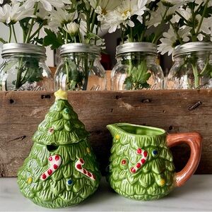 Christmas Tree Sugar and Creamer•Vintage 1970’s•Hand-Painted in a Ceramics Class